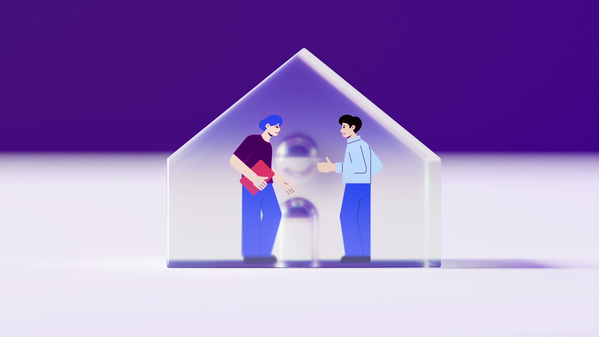 Fotograma del vídeo: dos personas se dan la mano dentro de una casa de cristal